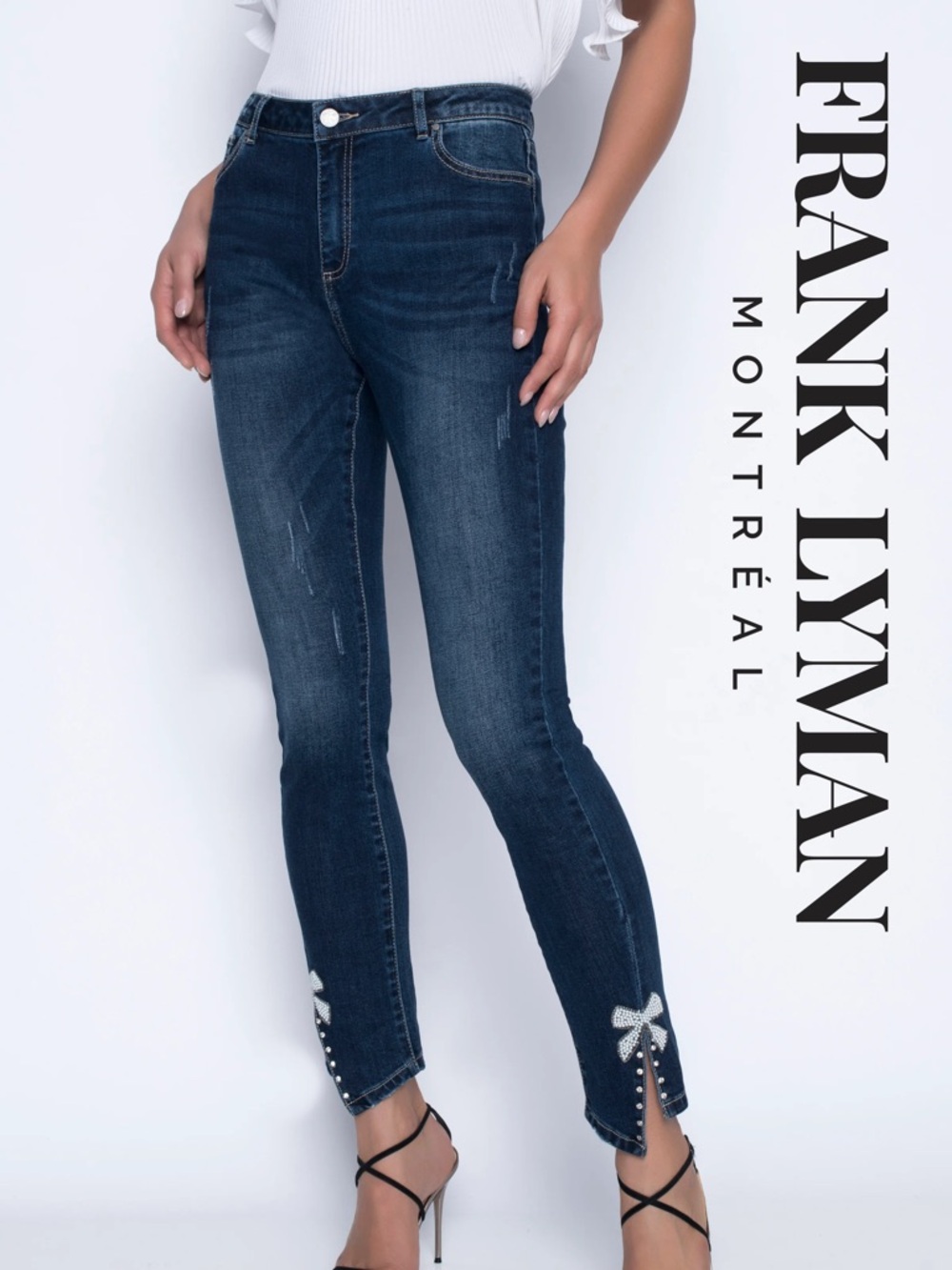 Frank Lyman Design slim pearl bow denim jeans